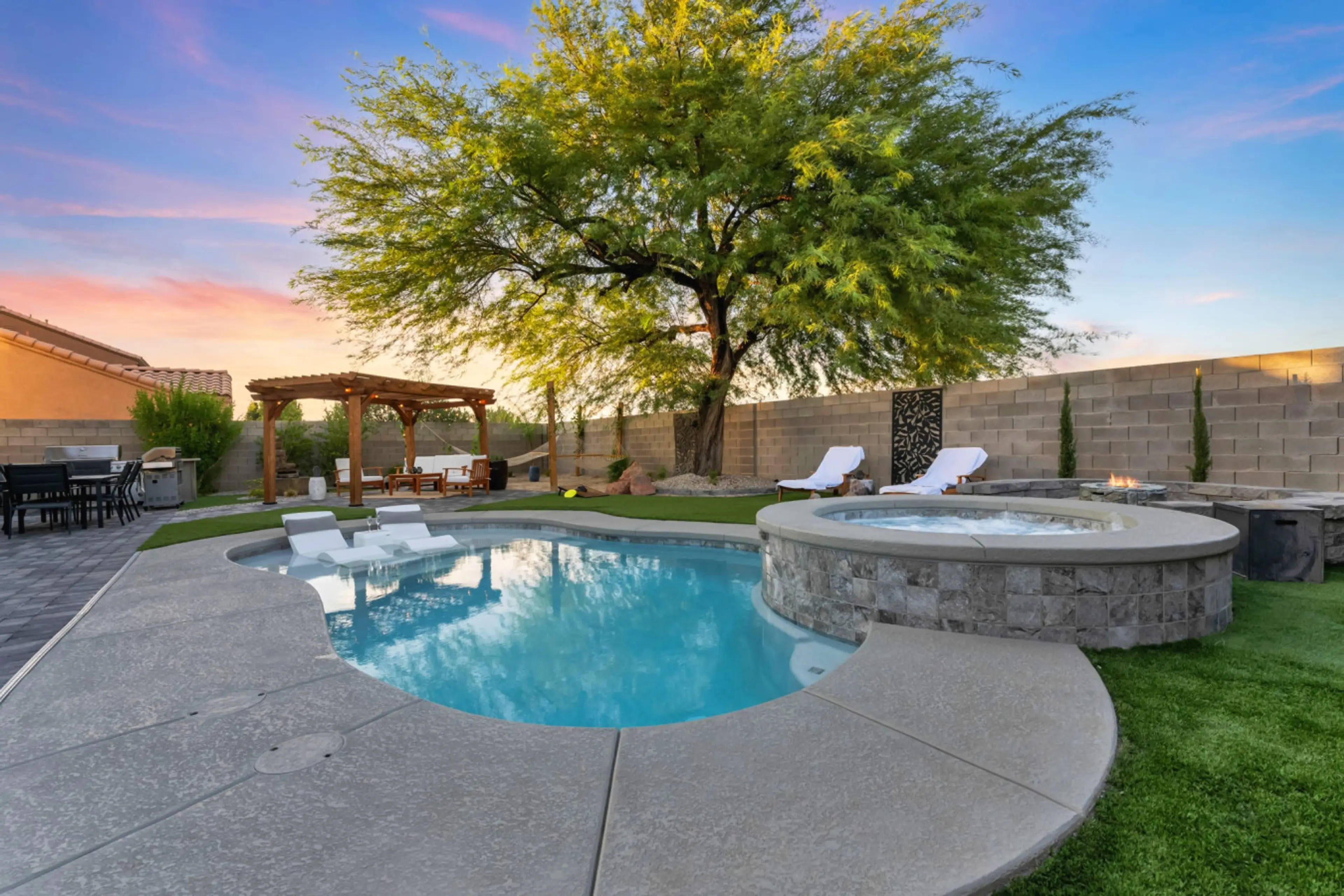 Pool, hammocks, lounge areas, BBQ, hot tub, games, and space to relax - everything you need for full vacation mode.