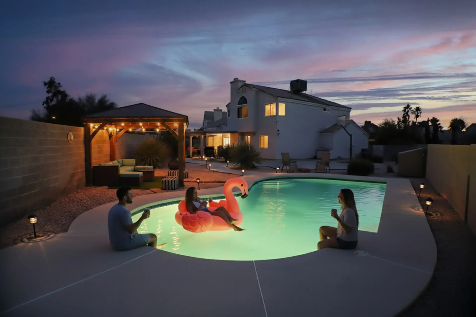 The water glows, the air is warm, and the world is quiet. You dip your toes in, maybe with a glass in hand, and float beneath the stars. This is your private night retreat—no rush, no noise, just calm.