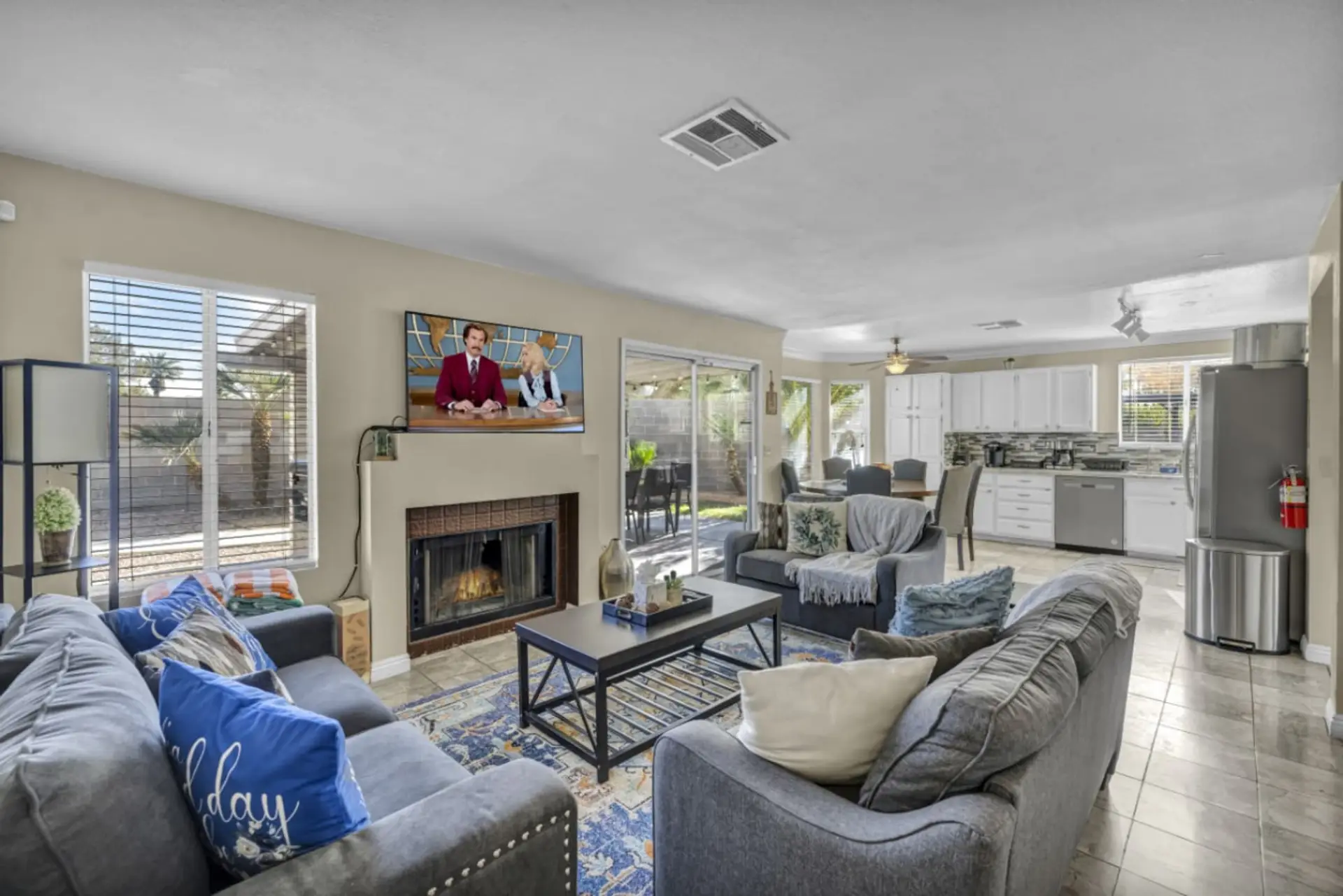 Cozy up to the fire place, Or watch your favorite shows on the stunning HD Smart TV