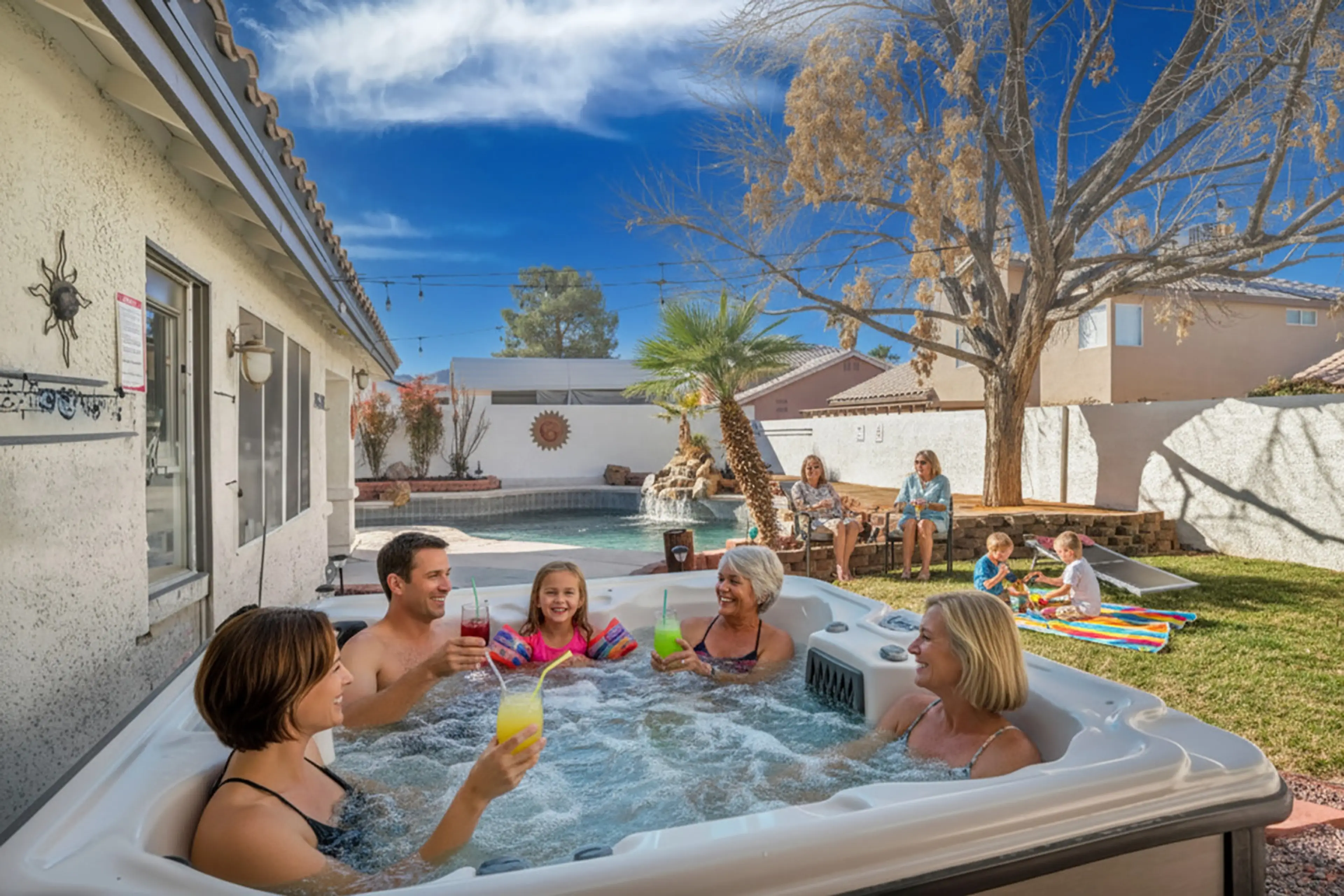 Soak in the hot tub under the stars. Whether it's family laughter or friends unwinding after a long day, this is where the best conversations happen. Your perfect spot for relaxation and connection.
