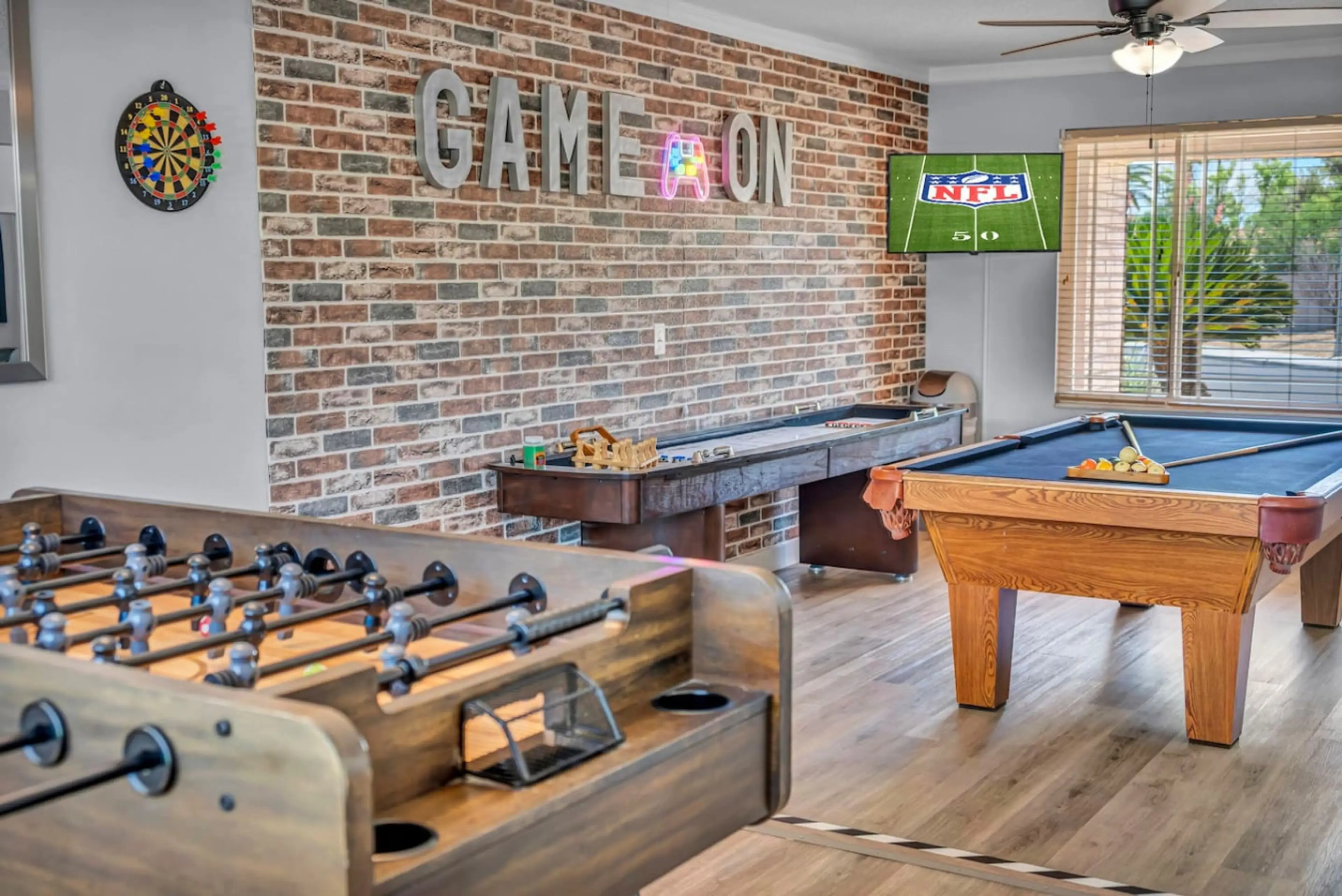 Game On 🎯 Whether it’s an epic foosball showdown, late-night shuffleboard, or a slow game of pool with music playing in the background—this space was made for memory-making. , Stream your favorites on the Smart HD TV, or keep the good vibes going all nigh