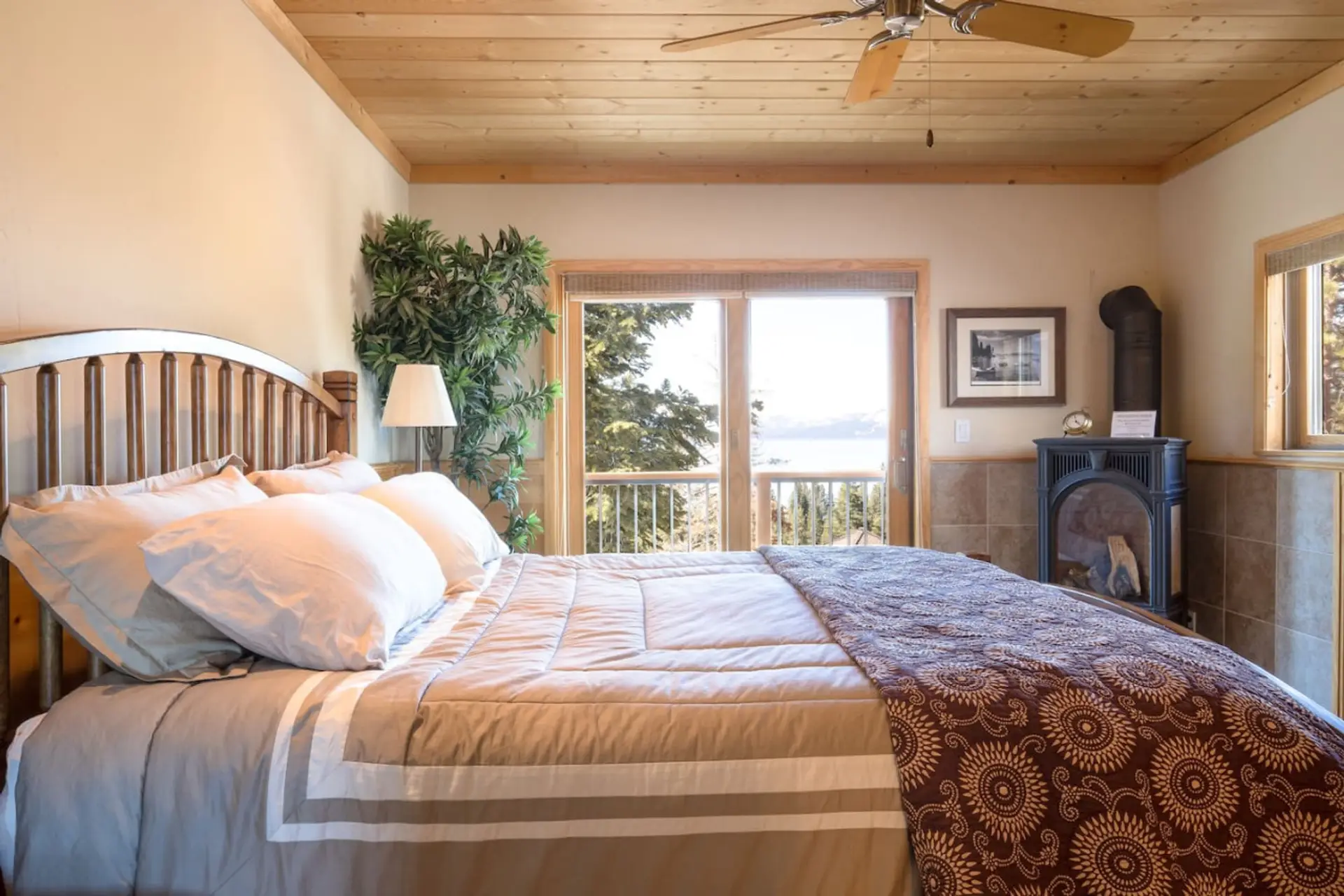 First primary suite with King pillow top mattress, fireplace, and views!  Full bathroom en suite