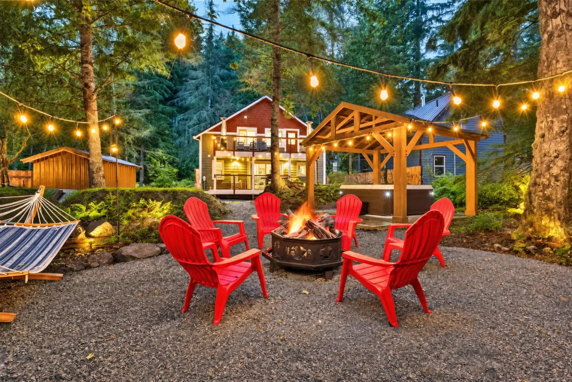 Backyard firepit w/ Adirondack chairs, Covered 6-person Hot Tub! (Sauna not pictured.)  Perfect for relaxing!