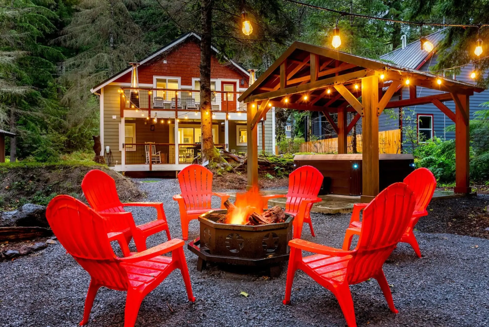 Backyard firepit w/ Adirondack chairs, Covered 6-person Hot Tub! (Sauna not pictured.)  Perfect for relaxing!