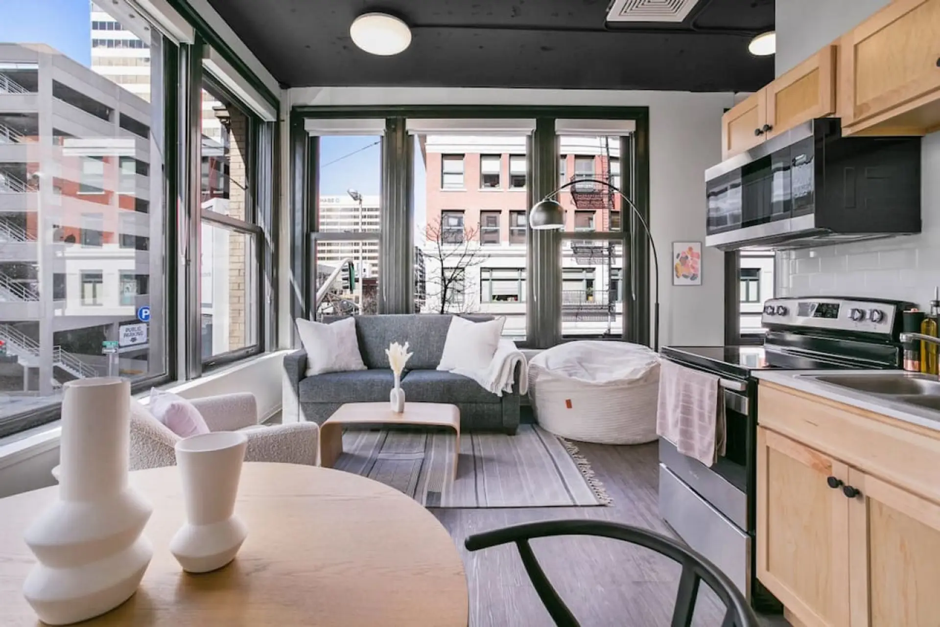 Living and dining area with downtown views.