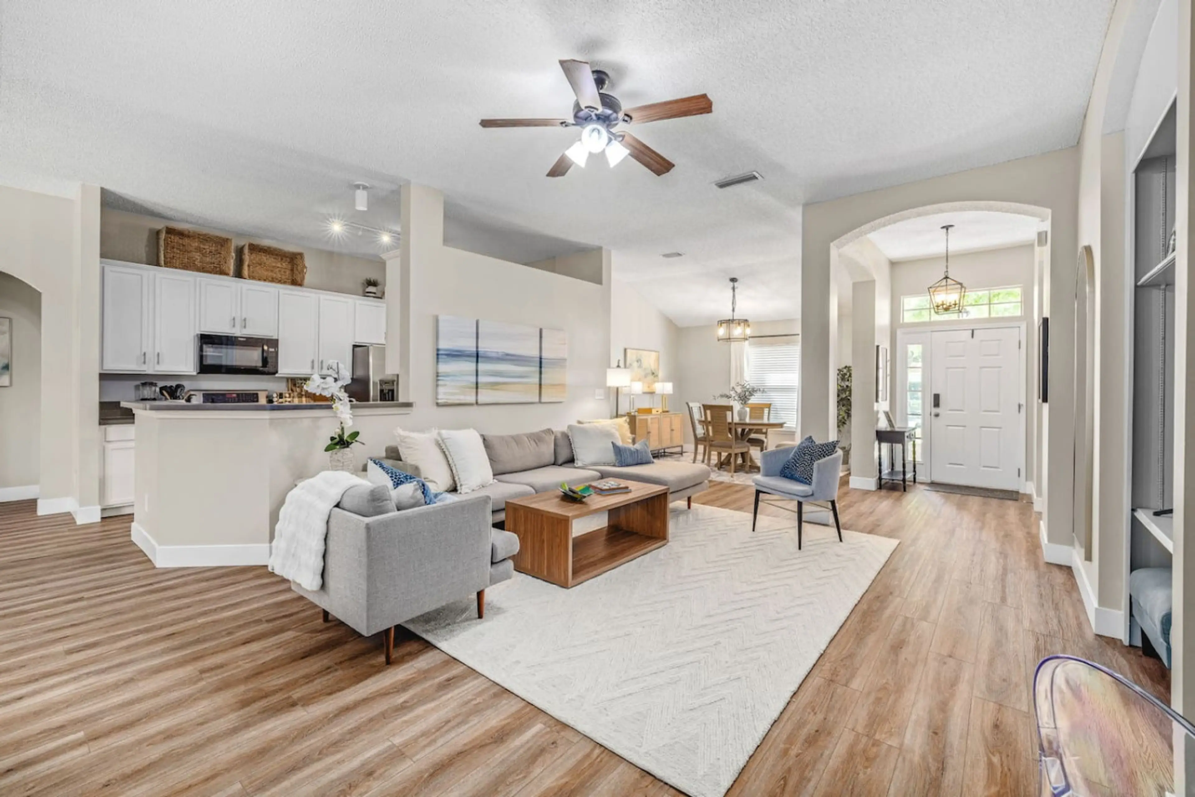 Relax and unwind in The Sanctuary’s inviting living room, featuring cozy seating for everyone, a large-screen TV with sound bar, plus a curated collection of games, puzzles, and books for endless entertainment.
