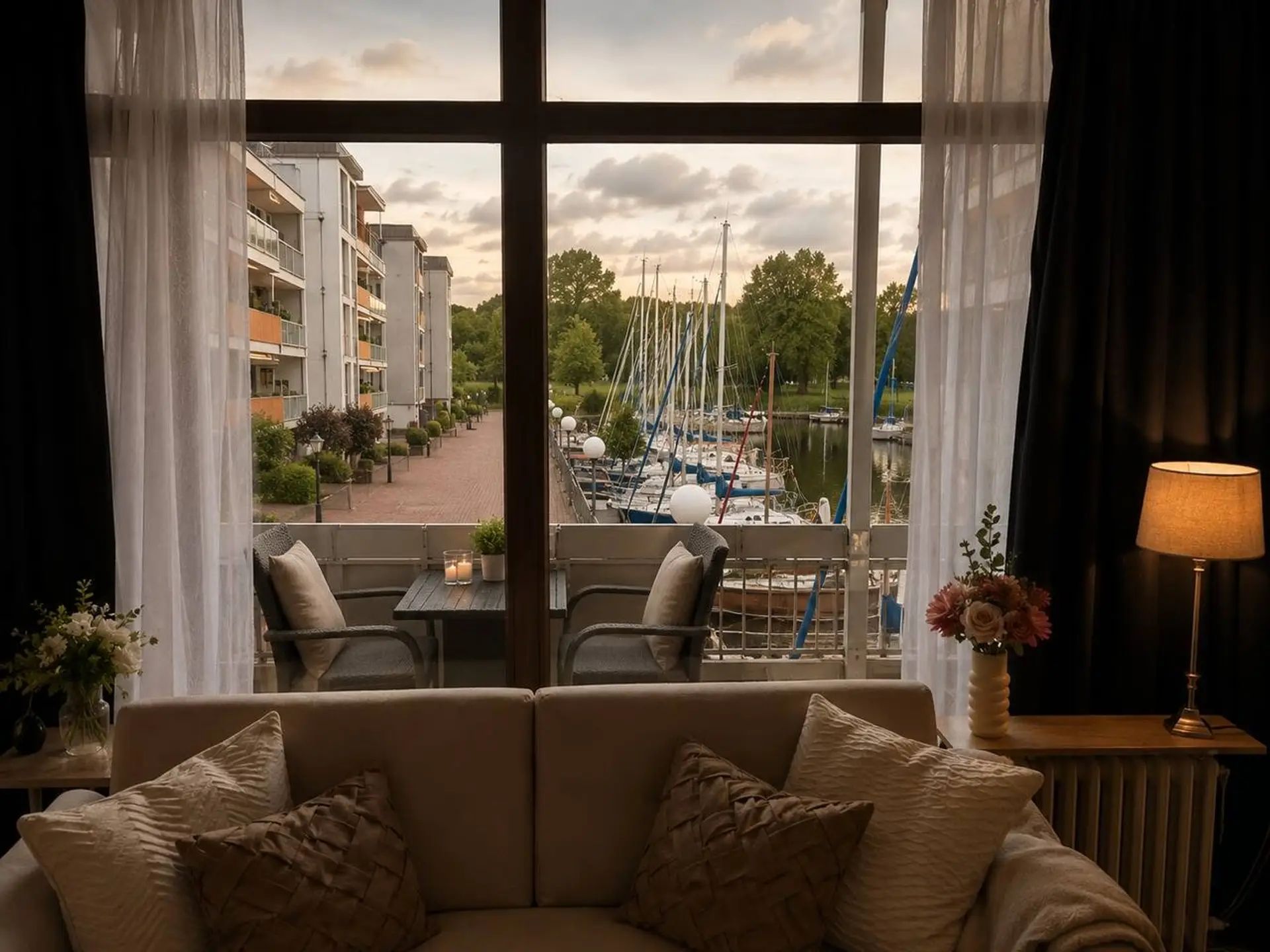 Wohnzimmer mit direktem Blick auf den Yachthafen - warm beleuchtet zum Abschalten