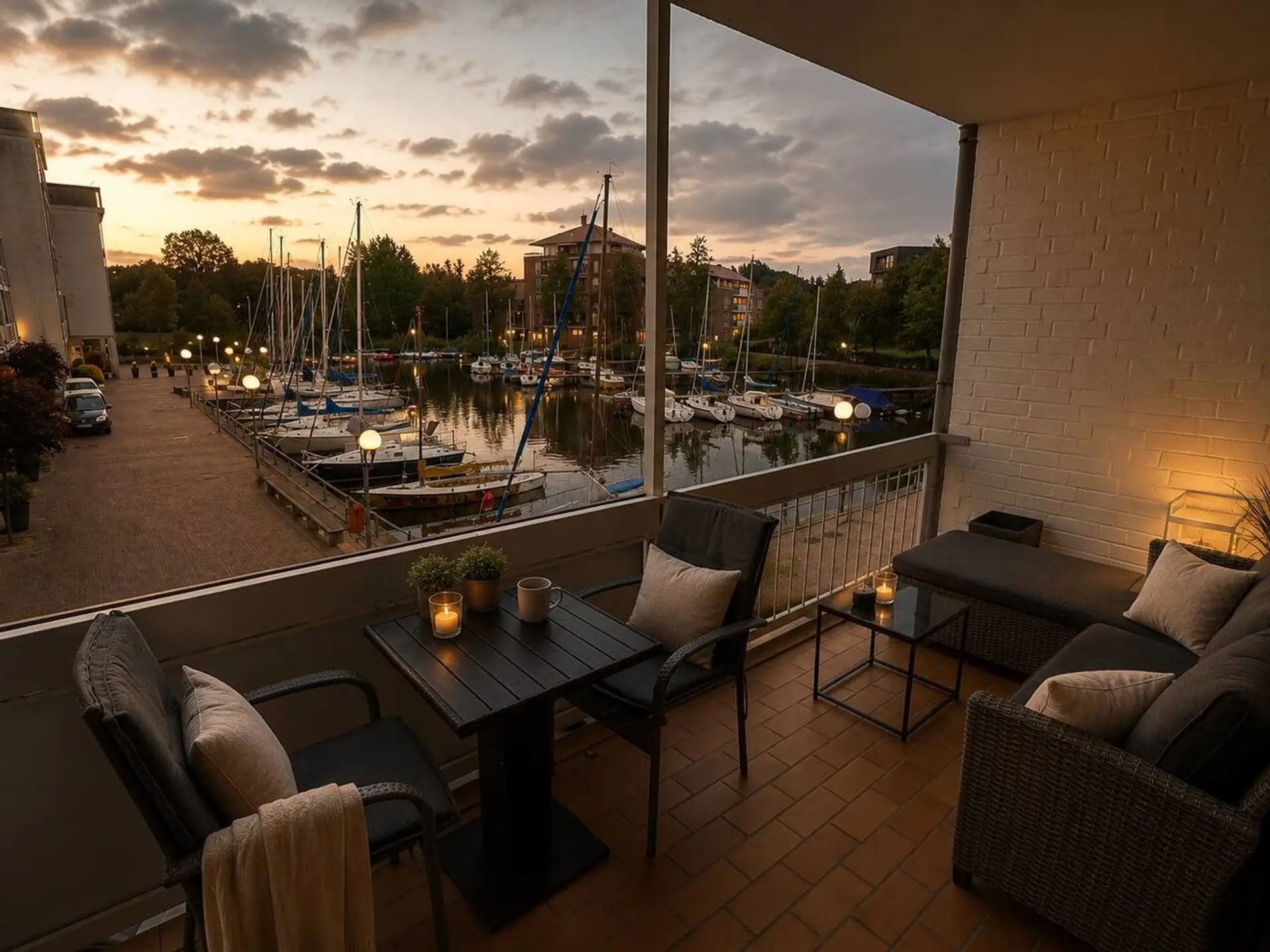 Eigene Terrasse mit Sonnenuntergang ueber dem Yachthafen - perfekter Sundowner-Spot