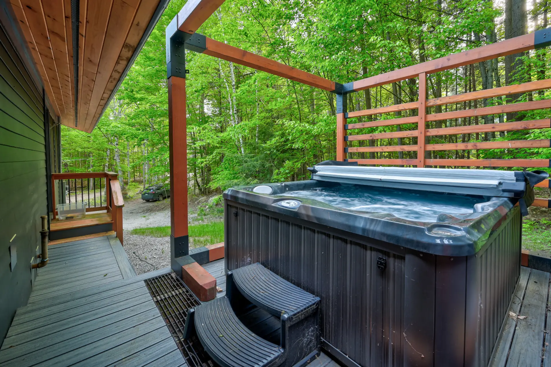 A brand-new hot tub is available for an additional $100, offering the ultimate way to soak under the stars.