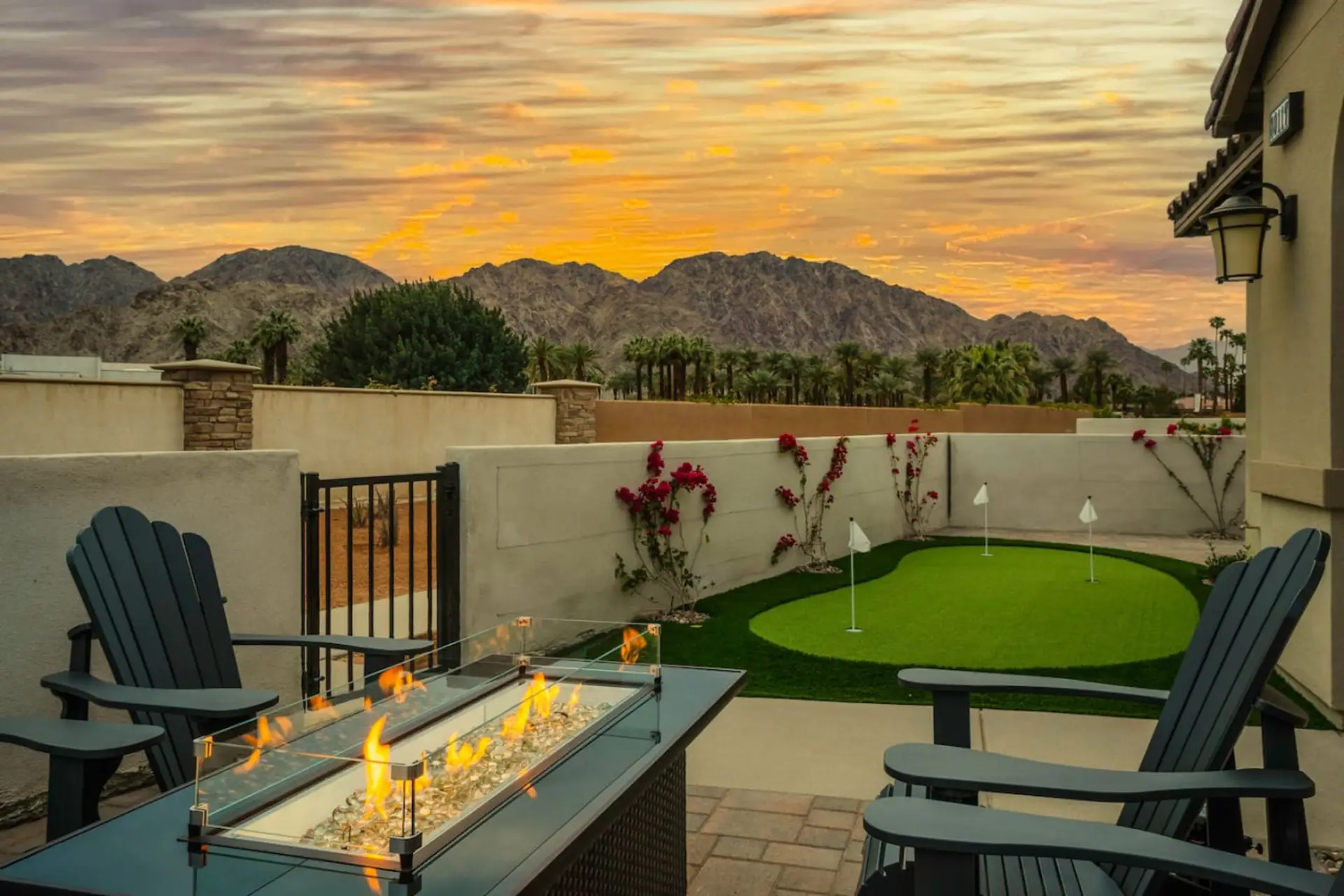 Cozy patio w/ firepit, seating & sunset views over the mountains