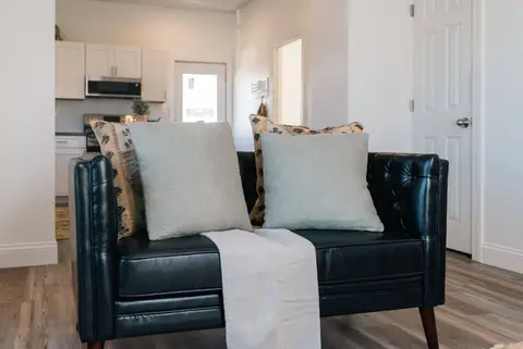 Tufted leather sofa with pillows and a throw