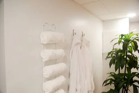 Rolled towels and white robes on a wall rack beside a plant