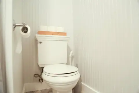 Toilet in a bathroom with beadboard walls