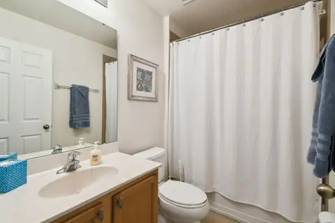 Bathroom with a shower curtain and a single vanity