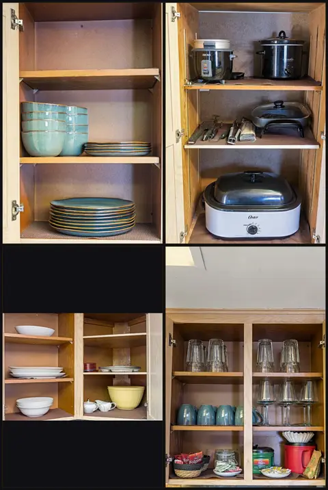 Teal dishware, a roaster, and kitchen storage