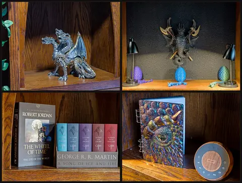 Shelves with dragon figurines, a book set, and a dragon eye