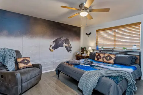 King bedroom with a bald eagle mural, a leather recliner, and a ceiling fan