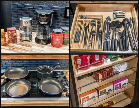 Coffee and tea station with cookware and utensils