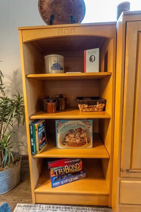 Shelves with books, a board game, and baskets