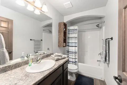 Bathroom with a long vanity, a tub and shower, and a striped curtain