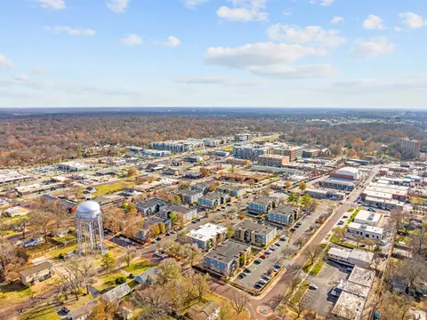 Aerial view of Overland Park, with a water tower and apartment buildings