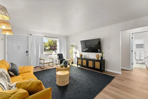 Living room with a mustard sofa, a TV, and the front door beside the window