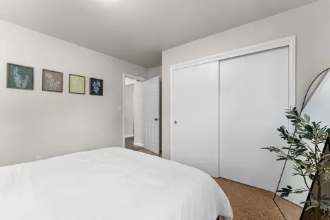 Queen bed below four botanical prints, with a white closet and a potted tree