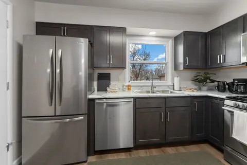 Stainless refrigerator and dishwasher with dark cabinets beside the window