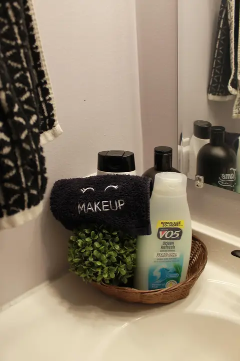 Basket of toiletries on the bathroom counter