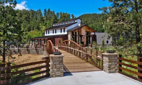 Footbridge leading to a building among the pines