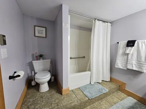 Bathroom with a toilet and a tub and shower behind a white curtain