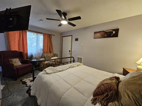 Queen bed with a ceiling fan, a recliner, and a cowhide rug