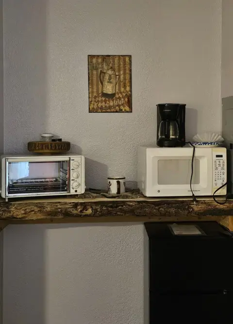 Kitchenette shelf with a toaster oven, a microwave, a coffee maker, and a mini fridge
