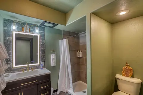Lower-level bathroom with a lighted mirror, a tiled shower, and a toilet