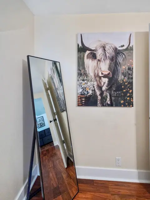 Floor mirror beside a highland cow painting