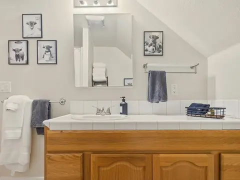 Bathroom vanity with a mirror, towels, and highland cow prints