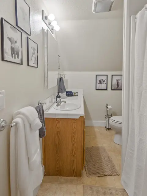 Bathroom with a wood vanity, towels, and a shower curtain