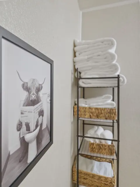 Shelf of rolled towels next to a highland cow print