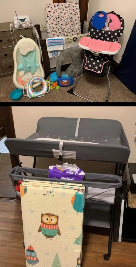 Baby gear: an infant bath, a high chair, toys, a changing table, and a folding play mat