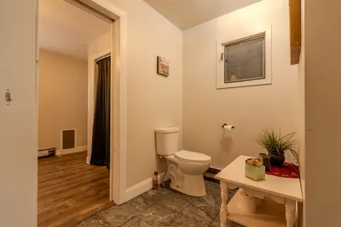 Bathroom with a toilet, a small table with a plant, and a window