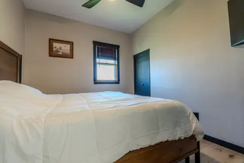Bedroom with a white comforter, a framed duck print, and a closet