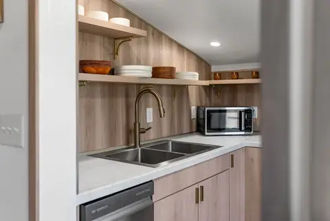 Sink with a brass faucet, dishwasher, and microwave in the galley kitchen
