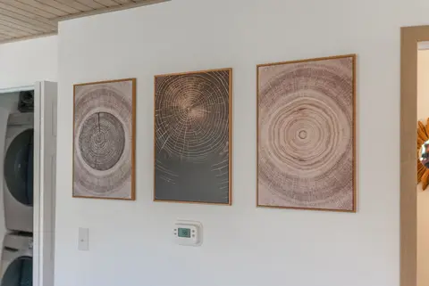 Three framed tree-ring prints above the thermostat