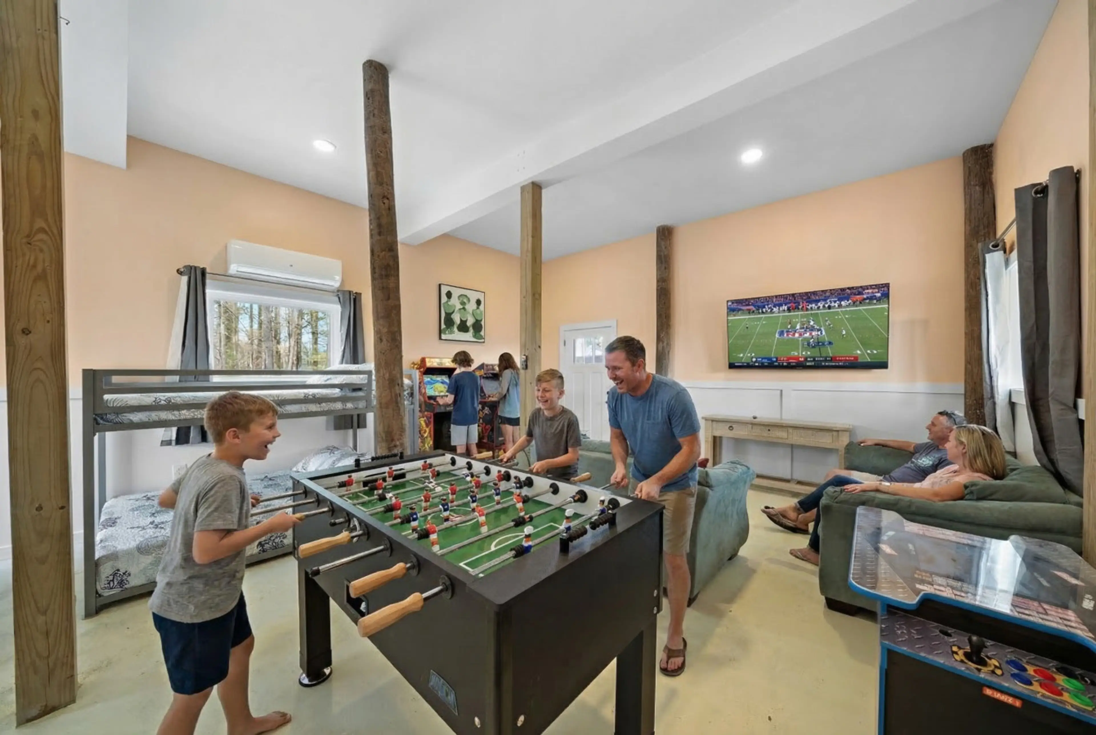 Enjoy this game room with a variety of games