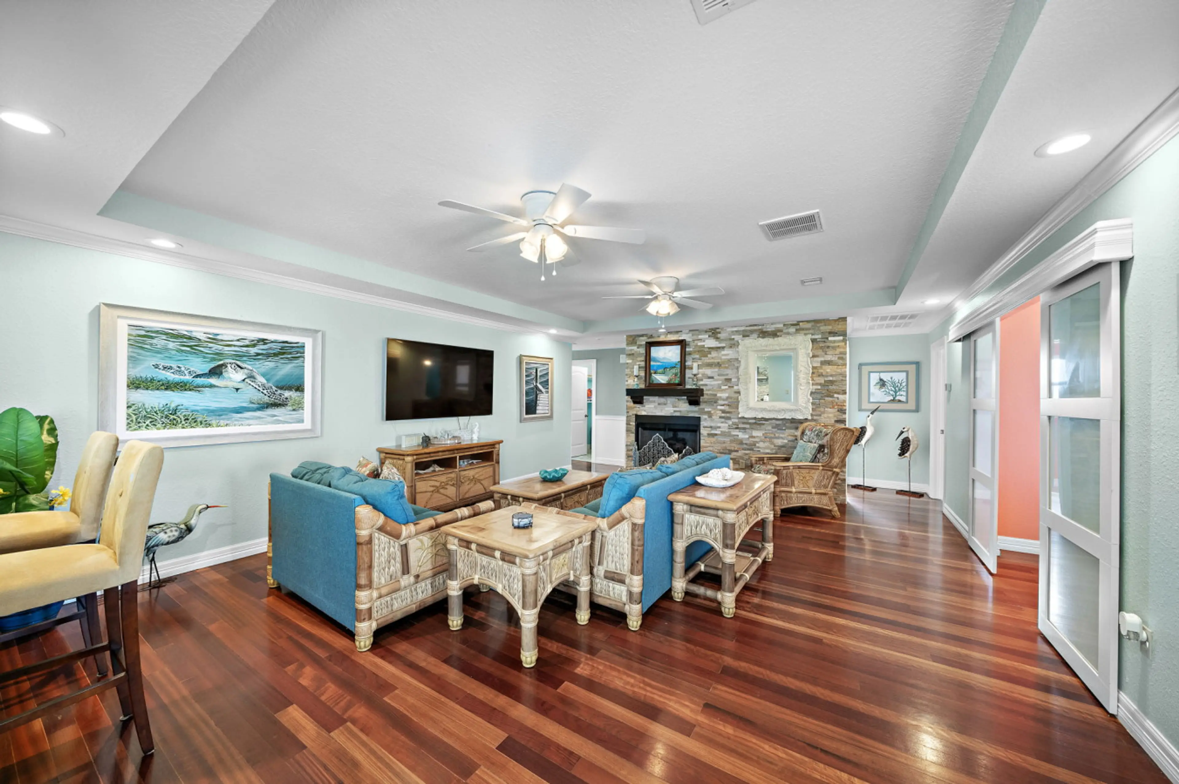 Spacious coastal living room with comfortable seating