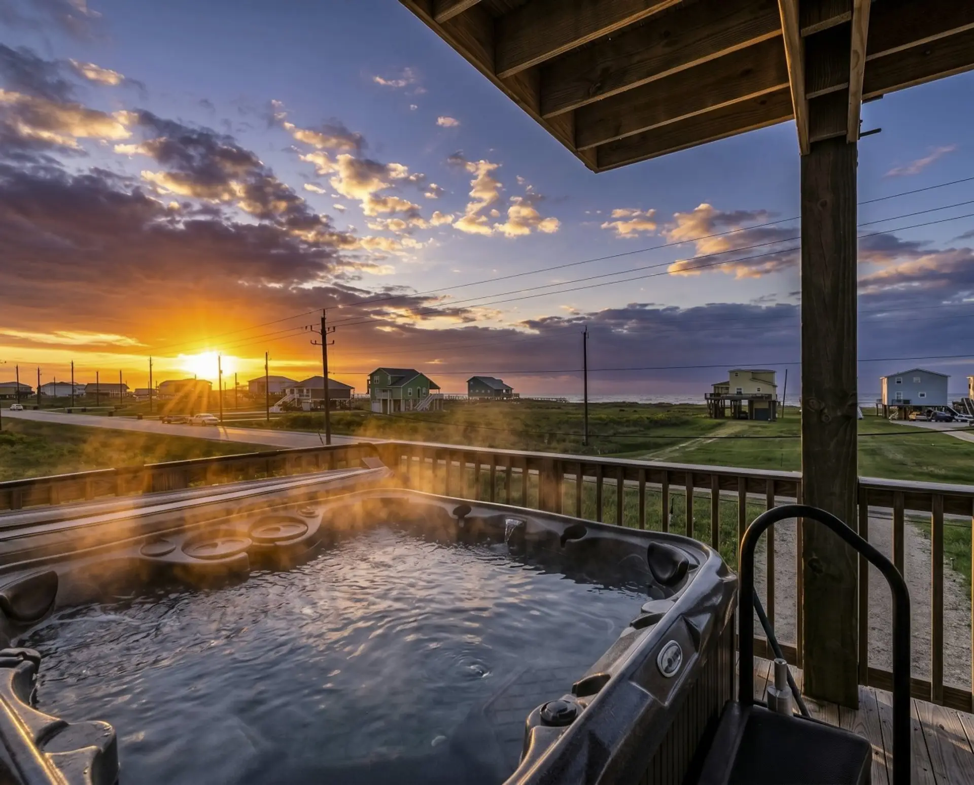 Soak in stunning sunsets from your private hot tub