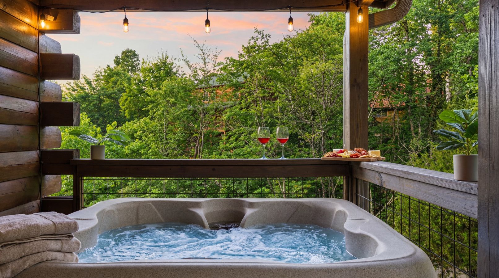 In this cabin relax in the jacuzzi surrounded by peaceful forest views.