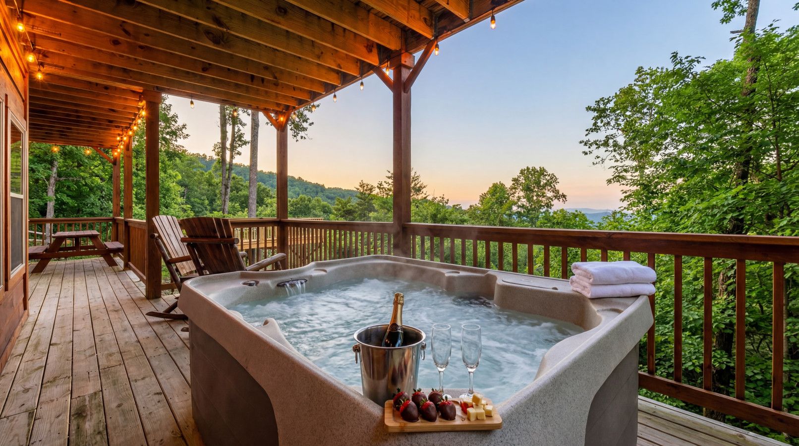 In this cabin, enjoy a private hot tub on the balcony with stunning mountain views.