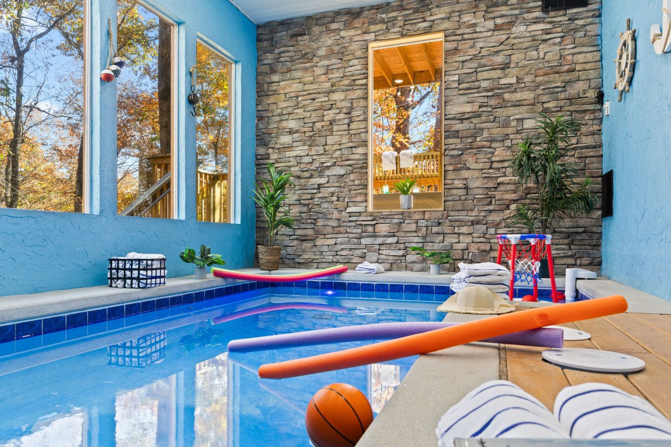 Imagine poolside fun with a touch of mountain charm.