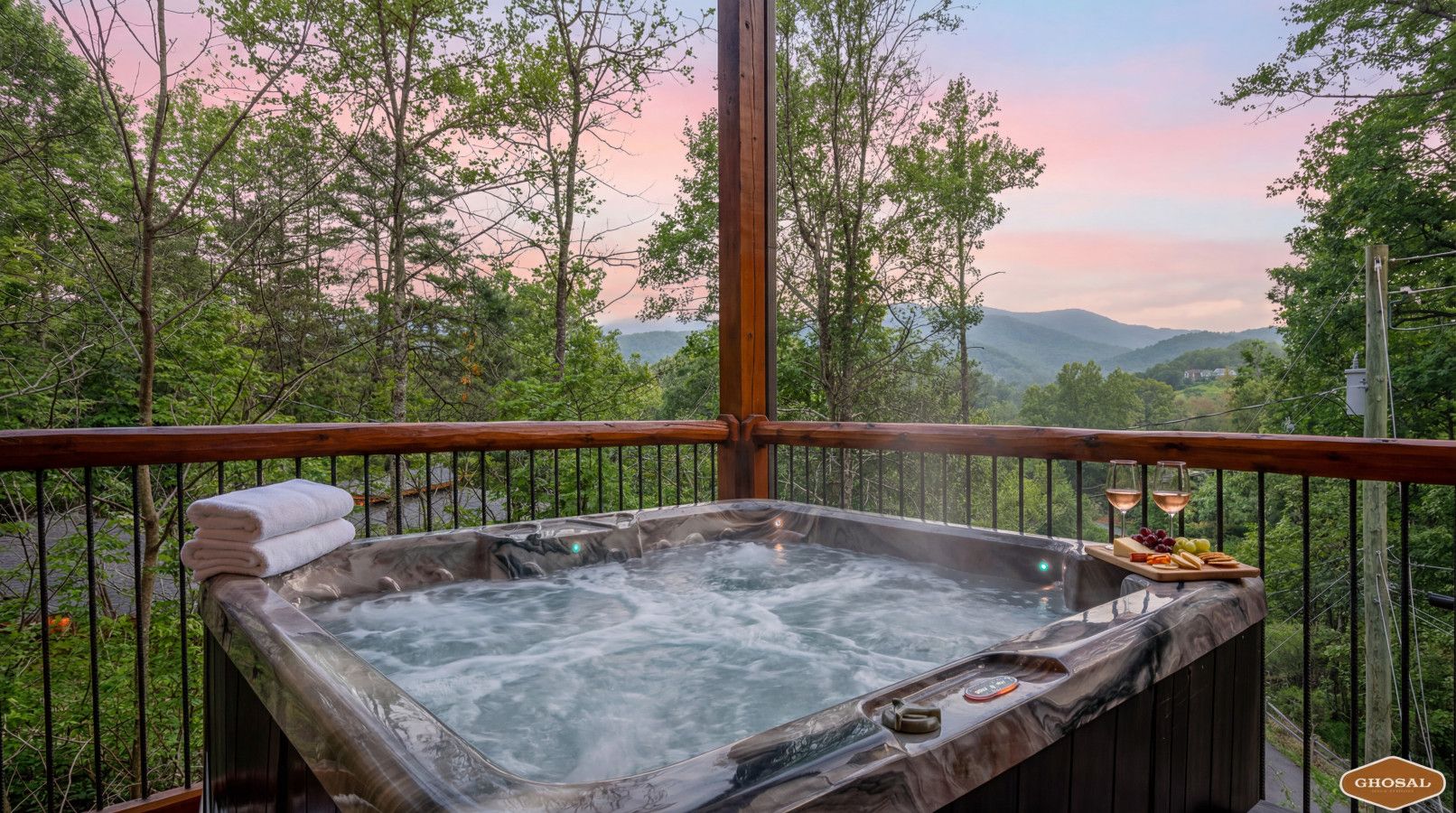 Relax in this cabin’s private hot tub, soaking in the sunset and creating the perfect intimate escape.